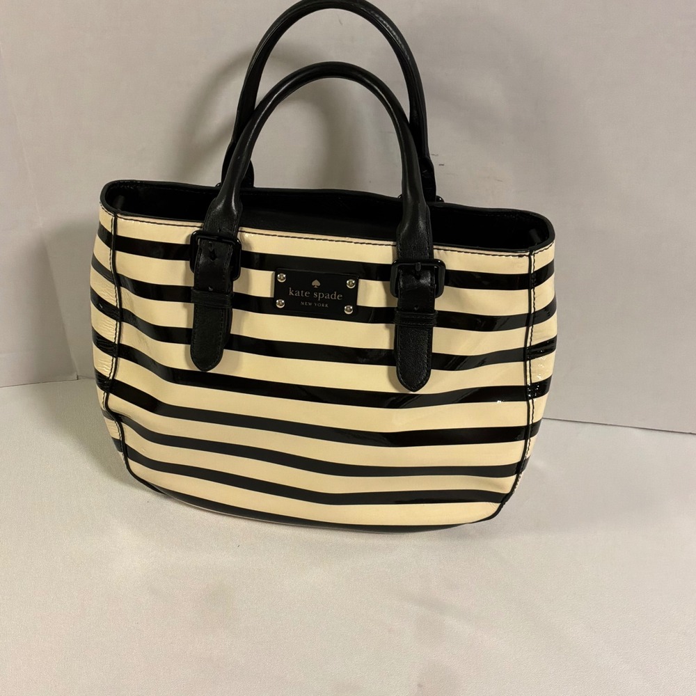 Kate Spade Tote Bag Medium Black Cream Striped Patent Leather Buckle Detail